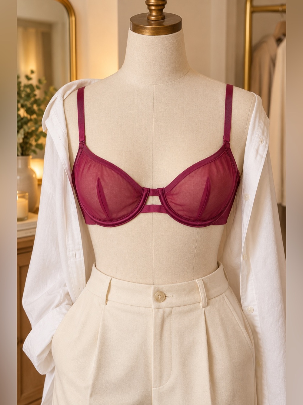 NWT Auden Burgundy Mesh Unlined Demi Underwire Bra 34A